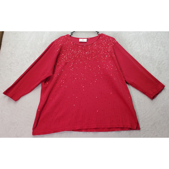 Quacker Factory Blouse Top Women Red Sequin Ribbed Cotton Long Sleeve Round Neck - Picture 1 of 9